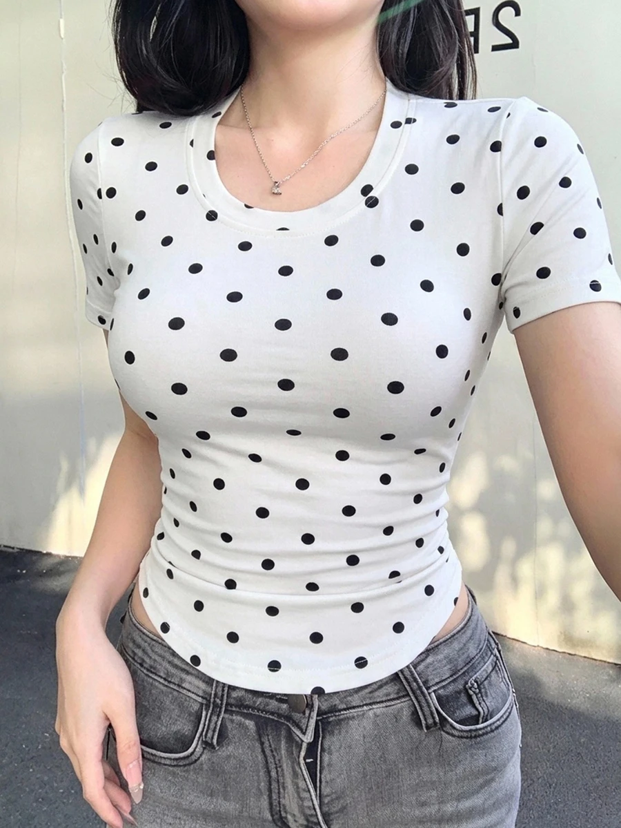DAZY 女款黑色波點白色短袖T恤,休閒街頭風戶外上衣,適合春夏音樂節、婚禮、運動 - 白色 - 查看 1