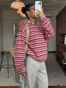 Muchica 80%棉女款休閒連帽衛衣，條紋衛衣，女款秋季服飾，冬季服飾，2026秋冬，休閒，Y2K，女款通勤穿搭，基本款，牛仔女郎，復古，返校，外出，校園服飾 - 彩色 - 查看 6