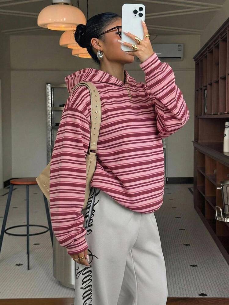 Muchica 80% Cotton Women's Casual Hooded Sweatshirt, Striped Sweatshirt, Women's Autumn Clothing, Winter Clothing, 2026 Autumn/Winter, Casual, Y2K, Women's Commute Outfit, Basic Style, Cowgirl, Vintage, Back To School, Outing, School Clothing - Multicolor - View 6
