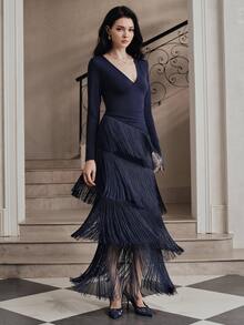 Anewsta Affair Women's New Autumn/Winter Long Sleeve V-Neck Tassel Evening Dress Long Party Dress - Royal Blue - View 1