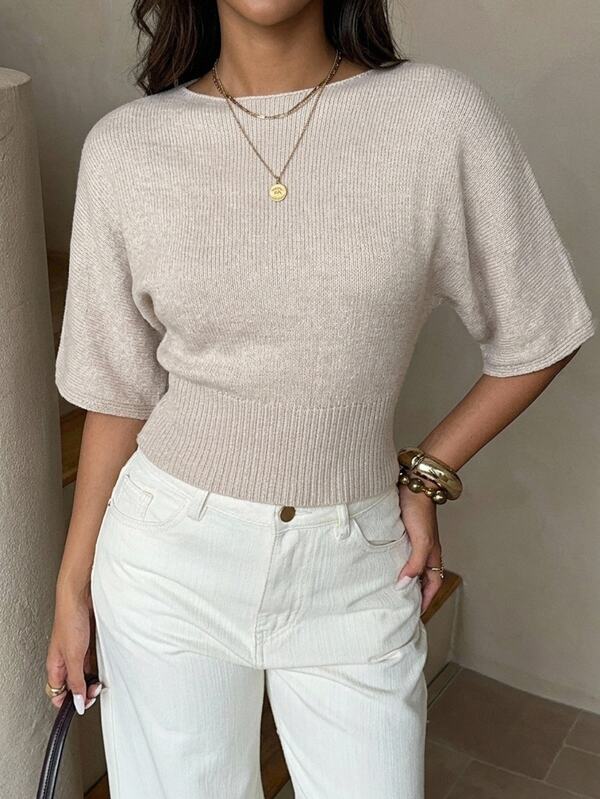 Aloruh Women's Elegant Casual Commute Minimalist Solid Color Pullover Sweater, Apricot Short Sleeve Knit Top For Outings And Office,Cozy Sweater,Streetwear