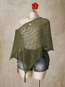 SHEIN ICON 女款大尺碼不對稱下擺流蘇設計寬鬆針織上衣 - 軍綠色 - 查看 6