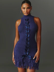 NYA SZN Knit Dress Lace Up Mini Length - Blue - View 3