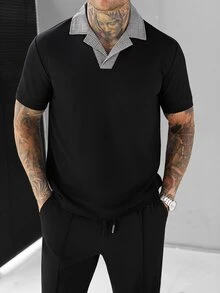Manfinity CasualCool 男士夏季休閒格紋領 Polo 衫與長褲套裝 - 黑色 - 查看 6