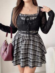 Dazy Plus Early Autumn New Plaid Cami Dress With Tie-Front Cardigan, 2 Pieces Set - Black - View 7