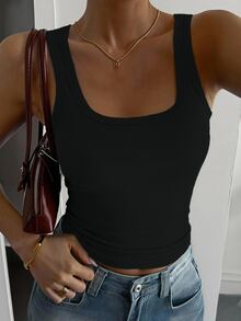 DAZY Women's Solid Color Square Neck Ribbed Slim Fit Casual Versatile Tank Top Fall - Black - View 5