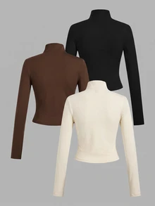 SHEIN EZwear 休閒極簡風 3 件組 黑色/棕色/米色 針織拉鍊長袖女款 T-shirt，適合秋冬穿著 - 彩色 - 查看 2