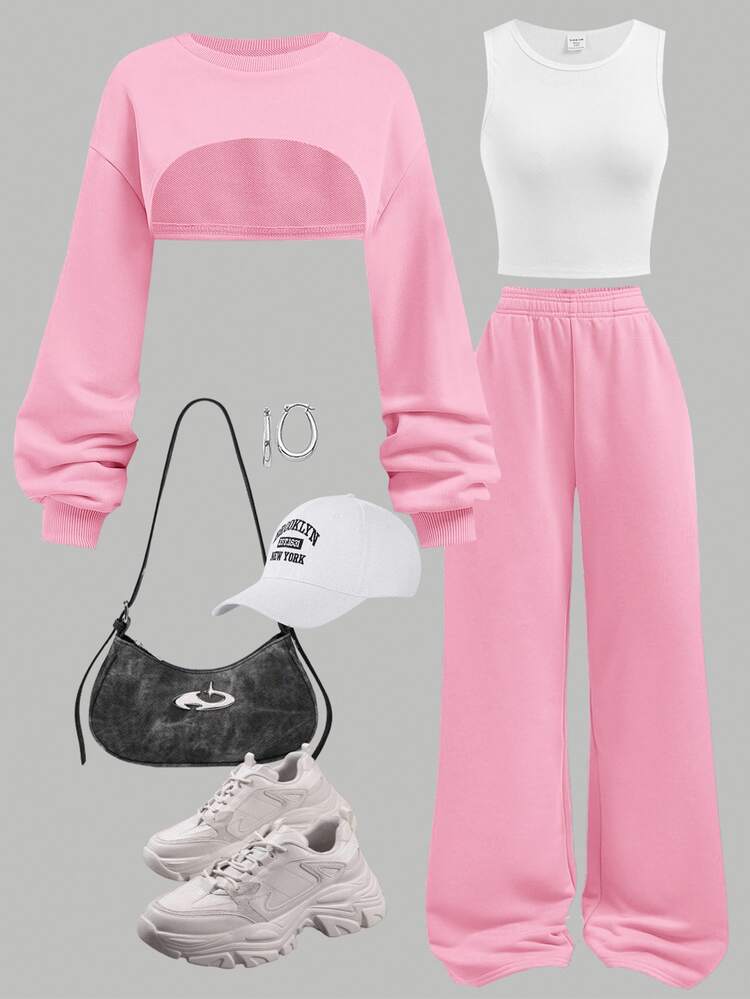 Girlism Tween Girl Casual Daily Solid Color Blue & White Contrast Cropped Sweatshirt, Camisole Tank Top, Cargo Long Pants, Casual Long Sleeve 3-Piece Set - Pink - View 1