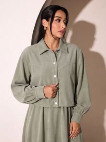 Veilorie Women's Solid Color Long Sleeve Single-Breasted Top And Sleeveless Dress Casual 2-Piece Set - Green - View 1