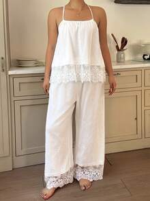 Dazy Plus Romantic Vacation Floral Textured Fabric Lace Patchwork Sleeveless Top & Long Pants Pajama Set - White - View 8