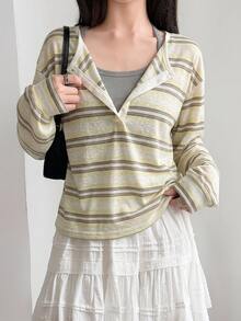 DAZY Women's Striped Colorblock Casual Versatile Daily Wear T-Shirt Fall - Yellow - View 2