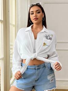 TOM & JERRY X SHEIN SHEIN EZwear 大尺碼女款卡通印花休閒百搭日常穿著襯衫 - 白色 - 查看 6