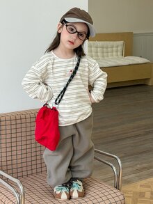 DAZY 2pcs/Set Baju Sweatshirt Lengan Panjang Bergaris Leher Bulat dan Celana Sweatpants untuk Bayi Perempuan (Musim Gugur) - Aprikot - View 8