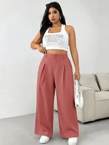 SHEIN PETITE CURVE 大尺碼鈕扣商務休閒優雅寬腿長褲 畢業季 辦公室 晚宴 返校季 教師節 灰玫瑰色 夏季紅色 - 藕粉色 - 查看 4