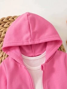 SHEIN 女嬰可愛灰色針織連帽外套與鬆緊腰長褲套裝 - 玫紅色 - 查看 5
