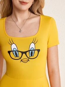 LOONEY TUNES X SHEIN Gaun Pendek Wanita Lengan Pendek Leher Persegi Musim Panas yang Lucu - Kuning - View 6