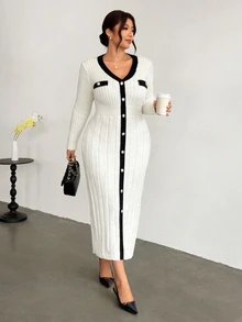 Firerie Plus Size Contrast Color Button-Down Cinched Waist V-Neck Long Sleeve Knit Dress - Apricot - View 7