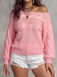 SHEIN LUNE CURVE Cherry Blossom Pink Soft Matte Hollow Cable Knit Cold Shoulder Slouchy Pullover Sweater Plus Size Autumn Date Night Formal Casual Elegant - Pink - View 4