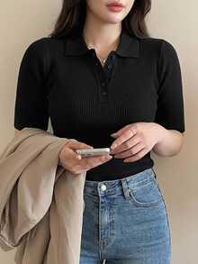 Dazy Plus Solid Color Half-Placket Fitted Casual Versatile Short Sleeve Knit Top, Spring/Autumn - Black - View 7