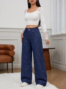 SHEIN Tall Women's Waist Contrast Lace Blue And White Striped Wide Leg Loose Fit Jeans Summer Everyday School Casual Preppy - Dark Wash - View 7