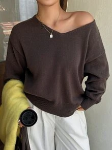 Dazy Plus Solid Color Loose Long Sleeve V-Neck Sweater Autumn/Winter New Brown - Brown - View 1