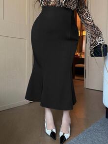 Dazy Plus Plus Size Spring/Autumn New High Waist Back Drawstring Bow Fishtail Elegant Skirt - Black - View 6