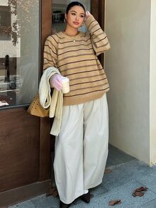 Dazy Plus Sweater Rajut Pullover Lengan Panjang Kerah Bulat Longgar Bergaris Blok Warna Kasual Streetwear Musim Gugur/Dingin - Khaki - View 4