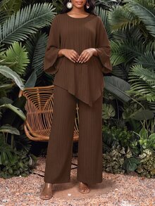 SHEIN Lady 女款純色圓領七分袖不對稱下擺上衣與長褲休閒兩件套 - 彩色 - 查看 6