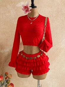 Soleia Women's Holiday Casual Cute Romantic Elegant Long Flare Crop Top And Ruffle Low-Waist Mini Skirt 2 Pieces Set, Beach Everyday Party Autumn - Red - View 9