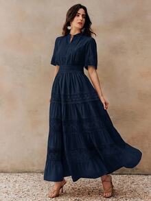 Anewsta Solid Color Elegant Lace Patchwork Round Neck Waist-Cinching Hollow Crochet Short Sleeve Flared Women's Dress - Navy Blue - View 5