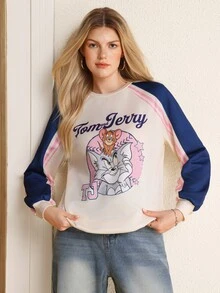 TOM & JERRY X SHEIN بلوزة رياضية كاجوال بأكمام طويلة بطبعة حروف كرتونية للنساء - لون مشمشي - مشاهدة 1