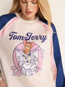 TOM & JERRY X SHEIN بلوزة رياضية كاجوال بأكمام طويلة بطبعة حروف كرتونية للنساء - لون مشمشي - مشاهدة 6