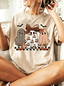 EMERY ROSE Coquette Retro Leopard Checkered Ghost Halloween Spooky Season T-Shirt - Apricot - View 1