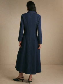 Poéselle Women's Collared Button Front Denim Midi Dress With Flap Chest Pockets, Fitted A-Line, Elegant - Dark Wash - View 2