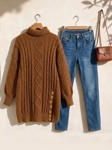 Rusticease Sweater Turtleneck Ukuran Besar Kasual Musim Gugur Gaya Retro 1920 Vintage Longgar Elegan Warna Polos Formal untuk Kantor, Rumah, Liburan, Musim Dingin, dan Thanksgiving - Chocolate Brown - View 9