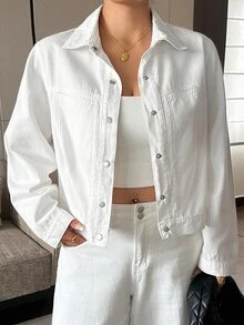 Dazy Plus Autumn Lapel Long Sleeve Button-Up Solid White Short Loose Denim Jacket - White - View 7