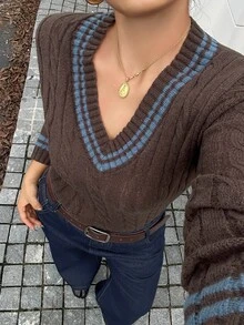 Dazy Plus Colorblock Patchwork V-Neck Slim Fit Blogger Casual Long Sleeve Spring/Autumn New Brown Sweater - Brown - View 8