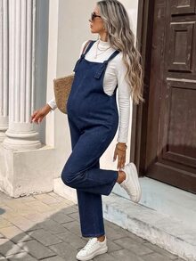SHEIN 孕婦休閒牛仔吊帶褲 度假風 西部女裝 牛仔女郎造型 - 藍色 - 查看 1