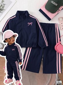 SHEIN 女童小女孩拼色條紋拉鍊外套配蝴蝶結、鬆緊腰長褲，復古套裝，日常穿著校園開學裝 - 藍色 - 查看 2
