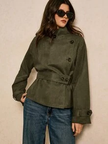 Poéselle 女款純色長袖單排扣休閒風衣 - 軍綠色 - 查看 5