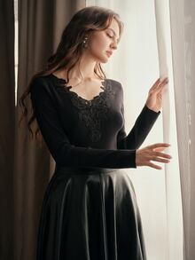 Anewsta Elegant Romantic Fitted Long Sleeve Hollow Lace Collar Commuter Sweater For Women - Black - View 3
