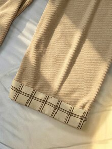 Franclia 大尺碼秋冬燈芯絨長褲，附口袋與腰帶，格紋拼接設計，卡其色，辦公商務休閒優雅風，80年代90年代風格 - 杏色 - 查看 4