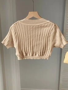 SHEIN EZwear 素色短袖短版針織開襟衫 - 杏色 - 查看 2