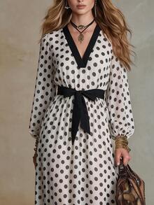 Trelyra Women's Fashion Elegant Polka Dot Pattern Lantern Sleeve Dress - White - View 4