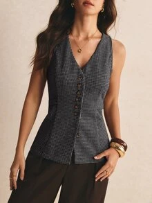 Poéselle Elegant Vintage Tweed Fabric Vest - Dark Grey - View 4