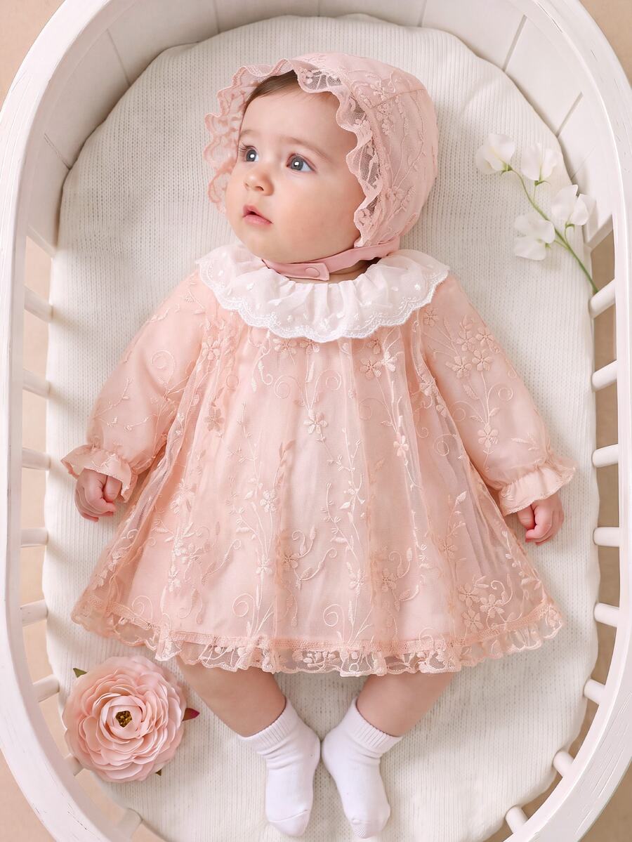 SHEIN New Born Baby Girl Spring & Autumn New Arrival, Floral Lapel Ruffle Hem Lace Princess Dress + Matching Lace Trim Hat