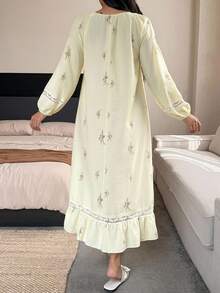 Dazy Plus Romantic Sweet Ditsy Floral Ruffle Trim Square Neck Long Nightgown, Spring/Autumn New Style - Yellow - View 3
