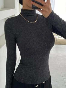 DAZY 女款高領長袖修身底層T恤 秋季 - 黑色 - 查看 6