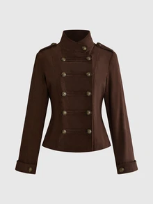 ROMWE Women's Back To School Season Collegiate Style Autumn/Winter Vintage Corduroy Stand Collar Jacket - Brown - View 1