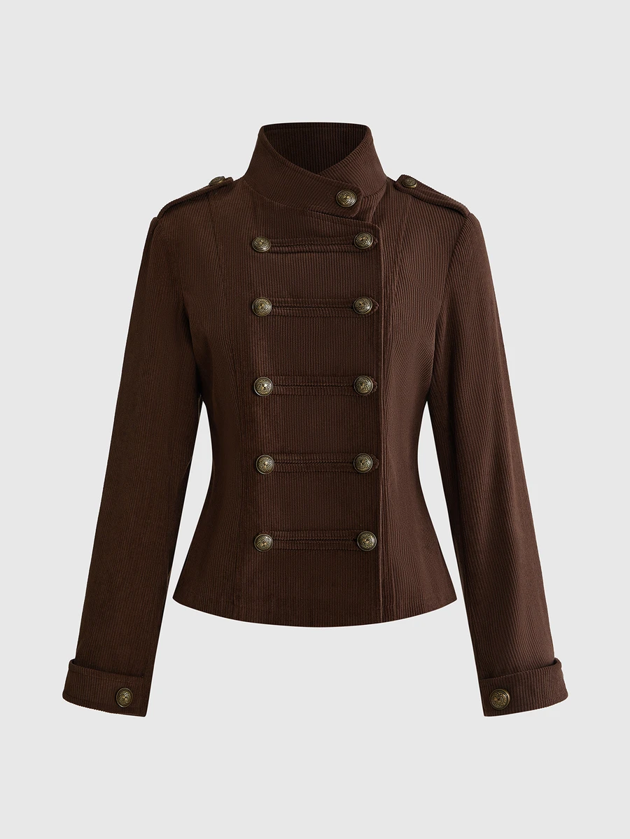 ROMWE Women's Back To School Season Collegiate Style Autumn/Winter Vintage Corduroy Stand Collar Jacket - Brown - View 1